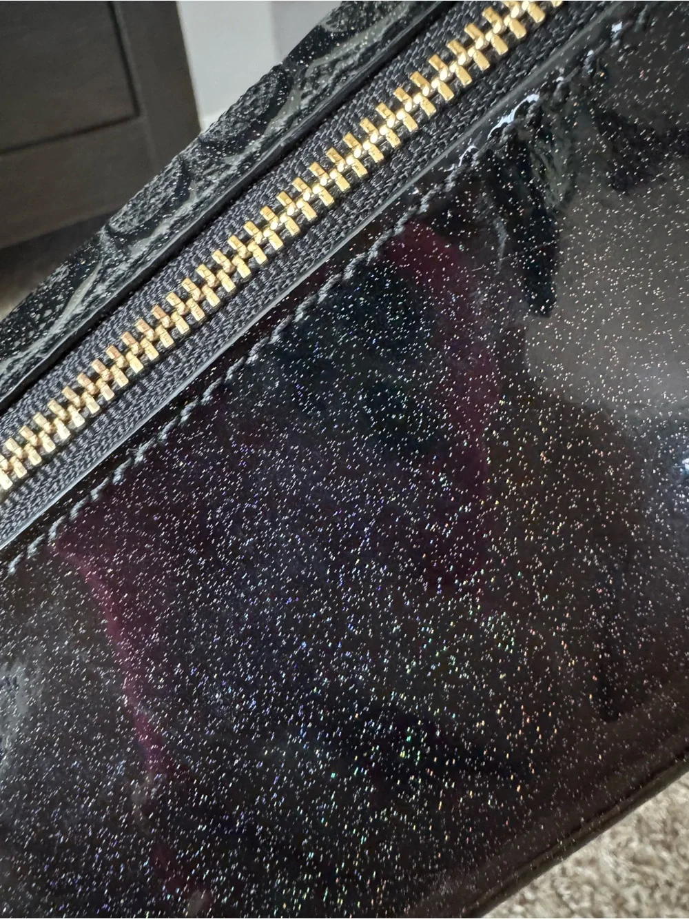 Coach Black Signature Patent Continental Wallet with Gold Logo